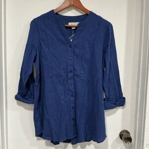 Coldwater Creek Tunic, Split Neck, Roll Sleeves, Embroidered, Navy, Medium, NWOT